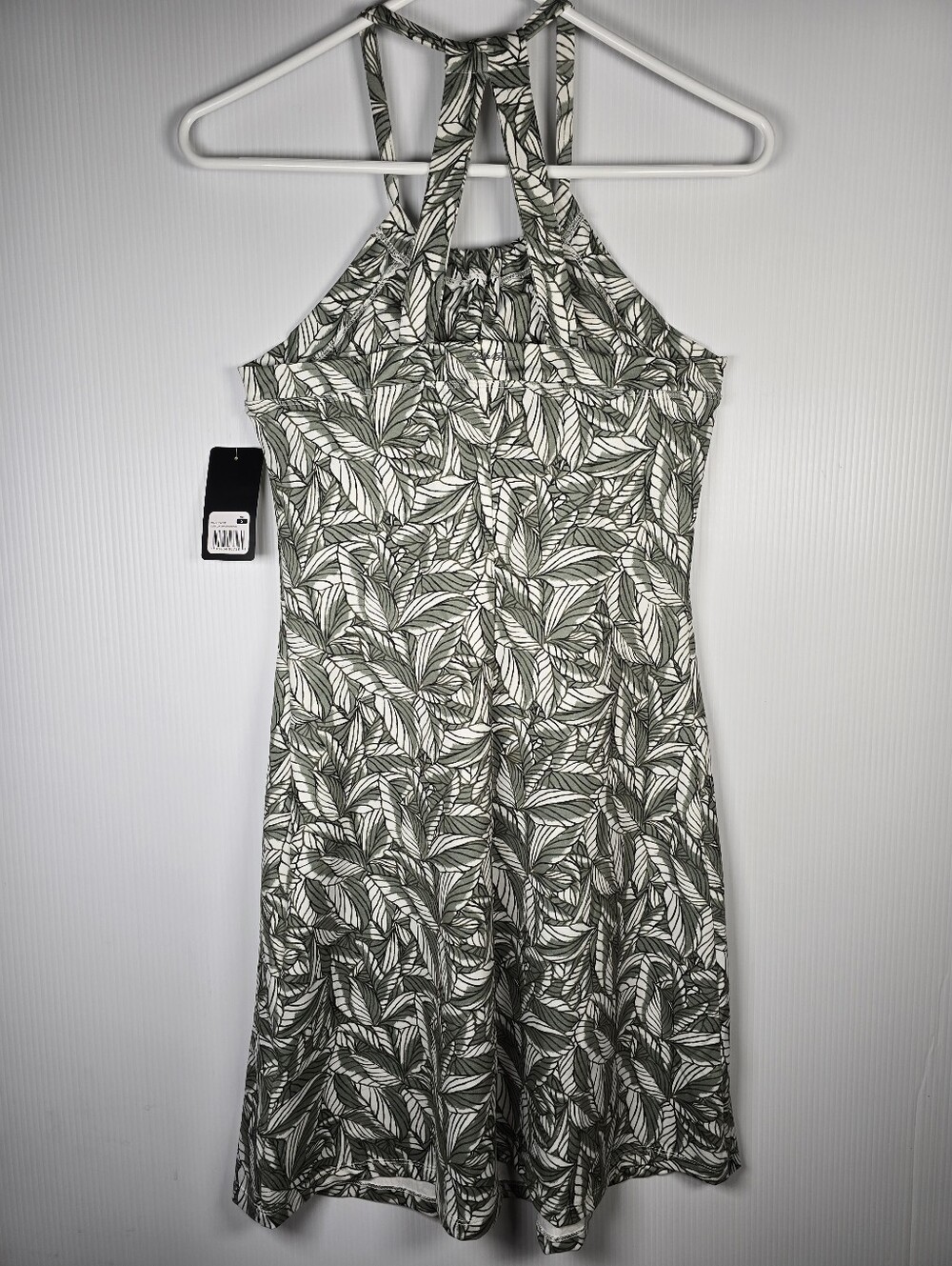 NWT Eddie Bauer Olive and White Leaf-Print Halter Mini Dress Built In Bra Size S - Picture 3 of 13